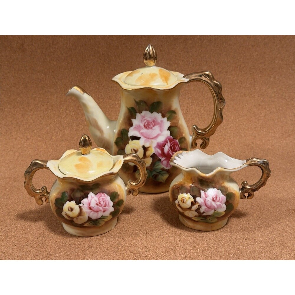 Enesco Floral Porcelain Tea Set Teapot Lid Sugar Bowl Creamer Gold Handles E2355